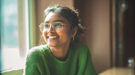 Smiling Indian Woman in Green Sweater by Window