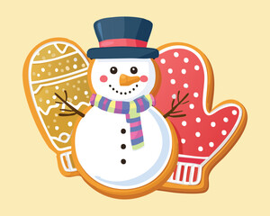 Cute Snowman and Gingerbread Mittens , Perfect for Festive Winter Cookie Designs - Vector Illustration