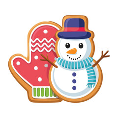 Cute Gingerbread Mitten and Red Glove Cookie Decorated with a Happy Snowman and Icing - Vector Illustration