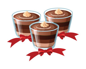 Layers of Chocolate Mousse Dessert Shots Topped with Cream and Tied with Festive Red Ribbon - Vector Illustration