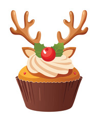 Gourmet Christmas Cupcake with Chocolate Antlers, Cream Swirl, and Holly Berry Sprigs on Top - Vector Illustration