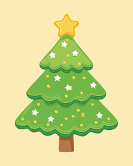 Simple Stylized Cartoon Christmas Tree with Yellow Star Topper and Colorful Round Ball Ornaments on a Stand - Vector Illustration