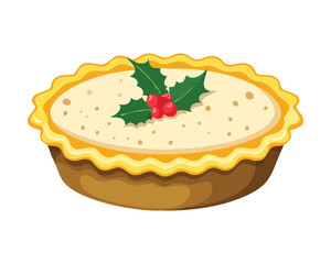 Sweet Golden Mince Pie or Tart with a Fluted Crust and Festive Holly and Berry Decoration - Vector Illustration