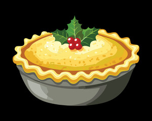Savory Traditional Baked Pie with a Flaky Crust and Creamy Filling Topped with a Holly Sprig - Vector Illustration