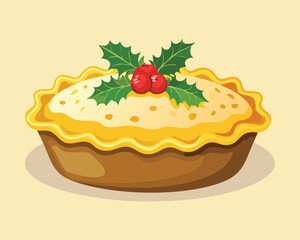 Classic Round Christmas Pie with Golden Crust and a Festive Holly Berry Decoration on Top - Vector Illustration