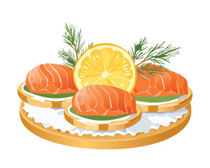 Elegant Canape with Smoked Salmon and Cream Cheese on a Cracker, Topped with Lemon and Dill - Vector Illustration