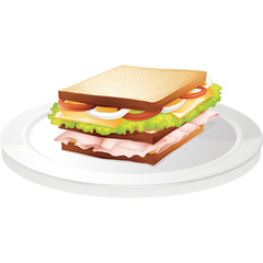Layered Sandwich with Ham Cheese and Vegetables on a White Plate with Transparent Background