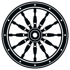 Obraz premium Stylized illustration of a black and white ship's wheel with spokes. Nautical nautical design