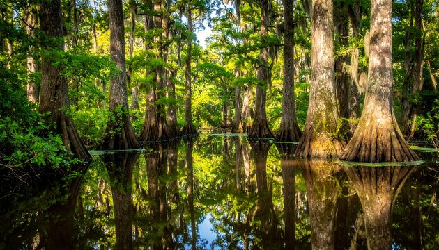 A serene swamp scene shows water reflecting tall trees. Lush greenery and dappled sunlight filter through the canopy. The scene exudes peace
