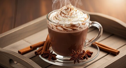 Steaming cup of hot chocolate with whipped cream and spices