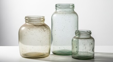 Three old glass jars with dust against a white background
