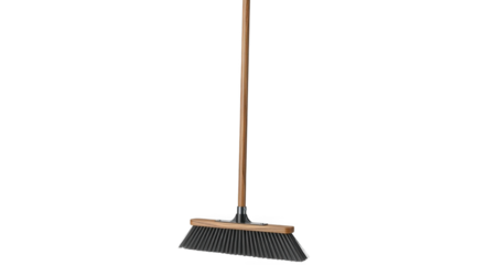 Wooden push broom with black bristles.
