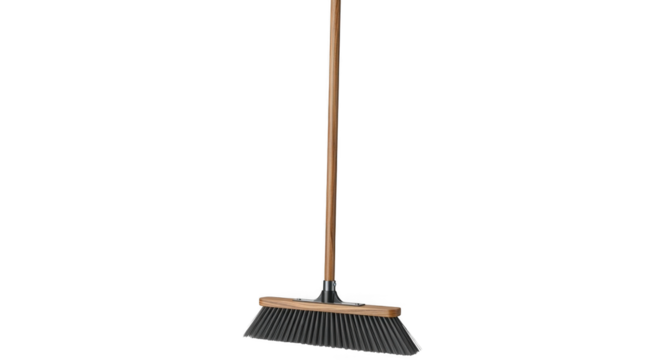 Wooden push broom with black bristles.