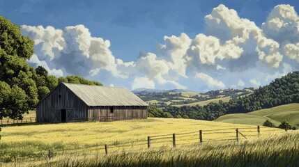 Rustic Barn Amidst Rolling Hills and Expansive Sky.