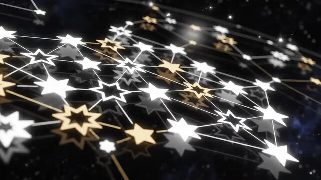 Abstract digital network with stars and connections on black background