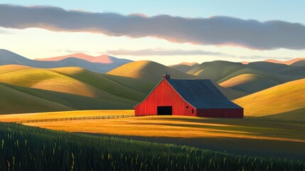 Red Barn Amidst Rolling Hills - A Serene Landscape Painting.