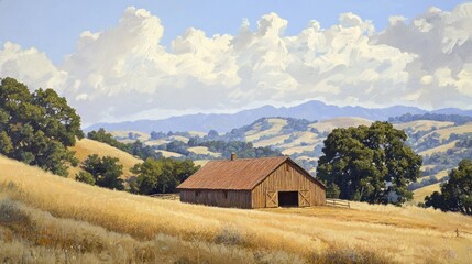 Idyllic Countryside Barn Scene with Rolling Hills and Cloudy Sky.