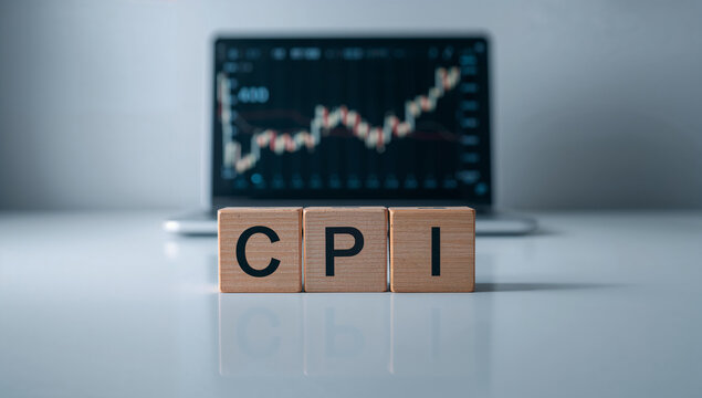 Financial inflation concept with CPI blocks in front of stock charts showing market direction changes. - Powered by Adobe