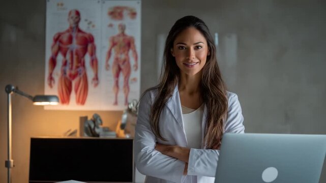 Confident Doctor at Work: A poised doctor, radiating professionalism and expertise, stands in her office, a beacon of health and wellness, offering a reassuring presence.