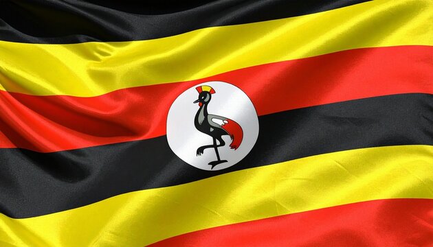Uganda’s flag with six horizontal black, yellow, and red stripes and a central crowned crane—symbolizing unity, sunshine, and peaceful strength.