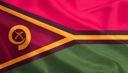 Vanuatu’s flag with red and green fields, black triangle, yellow Y-shape, and boar’s tusk emblem—symbolizing heritage, peace, and spiritual light.