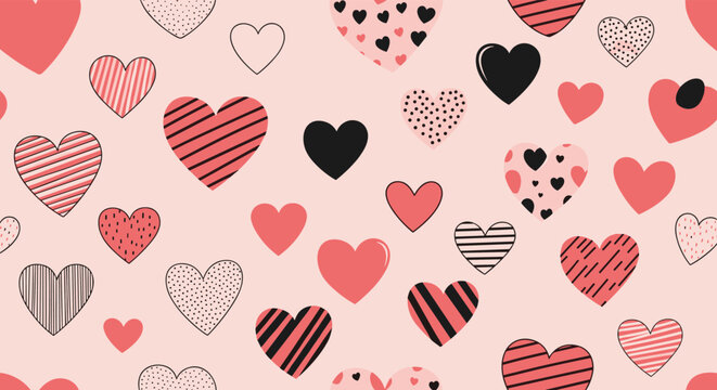 A sweet and romantic seamless pattern featuring an array of stylized hearts in various shades of pink, red, and black, perfect for love-themed designs.