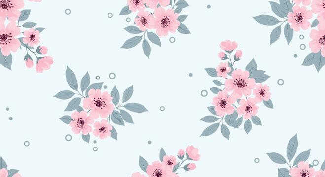 Seamless pattern with delicate pink cherry blossoms and grey leaves on a soft blue background, adorned with small scattered dots and rings.