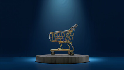 Gold shopping cart on pedestal symbolizing luxury ecommerce branding and premium retail consumer engagement.
