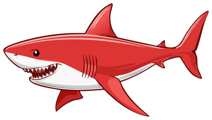 Fototapeta premium Vibrant red cartoon shark character with menacing grin and sharp teeth illustration