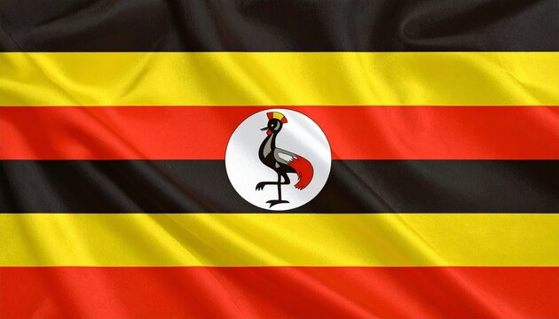 Uganda’s flag with six horizontal black, yellow, and red stripes and a central crowned crane—symbolizing unity, sunshine, and peaceful strength.