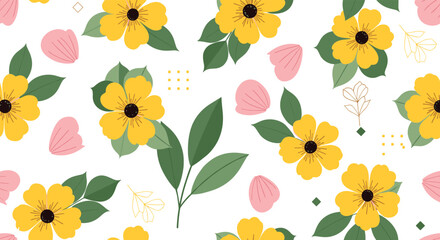 A cheerful seamless pattern of yellow flowers with green leaves, scattered pink petals, and subtle golden abstract elements on a clean white background.