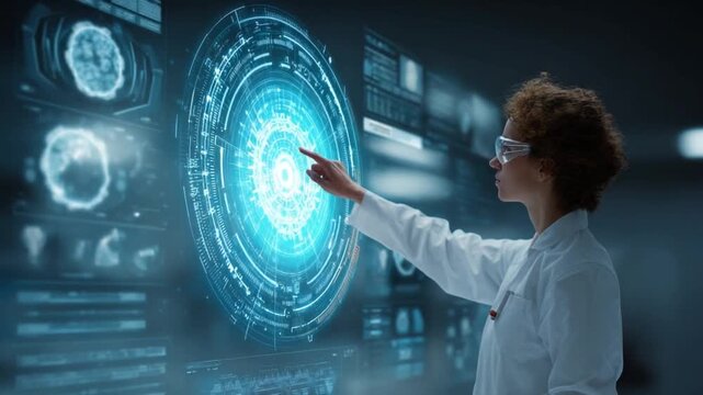 Digital Frontier: A focused scientist, garbed in a lab coat and safety glasses, actively interacts with a holographic interface of digital information.