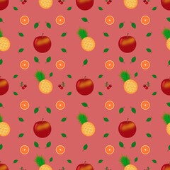 ​Seamless Fruit Pattern with Vibrant Pineapple, Red Apple, Orange Slices, and Cherries on a Pink Background; Summer Tropical Food Wallpaper, Healthy Eating Design Element.
