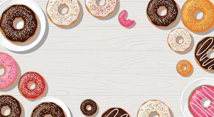 An overhead view of a delicious assortment of colorful donuts with various toppings and glazes arranged on a light wooden background, offering a sweet treat.