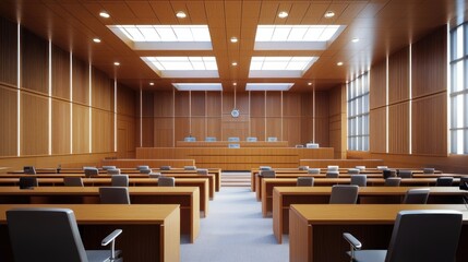 Empty courtroom with wooden furniture and natural light.