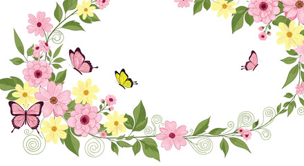 Vibrant floral border illustration with pink and yellow flowers, green leaves, and charming butterflies framing a white space.