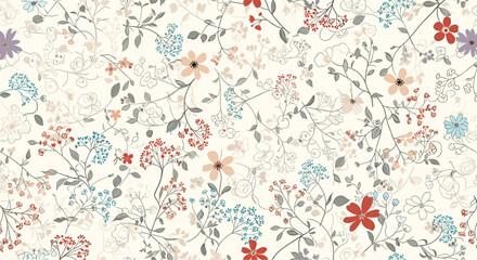 Delicate seamless floral pattern with vibrant small flowers in red, blue, and peach, interspersed with green leaves on a soft cream background.
