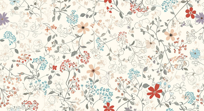 Delicate seamless floral pattern with vibrant small flowers in red, blue, and peach, interspersed with green leaves on a soft cream background.