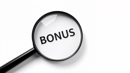 Magnifying glass enlarging BONUS, perfect for finance, HR incentives, business rewards, salary bonus concepts and benefits.