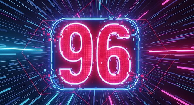 Illuminated Number 96 with Neon Lights and Geometric Shapes in a Futuristic Design