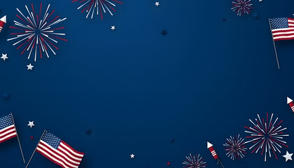 USA patriotic background frame. 4th of July or Memorial Day border with American flags, fireworks, and stars on a blue background.