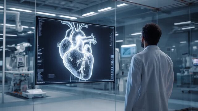 Medical Breakthrough: A focused scientist is shown studying a detailed digital rendering of the human heart, embodying the spirit of innovation and scientific discovery. - Powered by Adobe