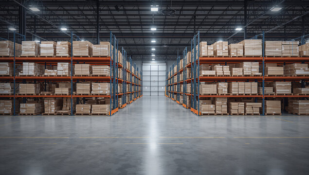 Large modern warehouse with endless shelves of cardboard boxes neatly stacked for logistics, storage and distribution. - Powered by Adobe
