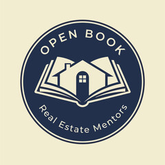 Open Book Real Estate Mentors Logo Featuring House Silhouette on Open Book.