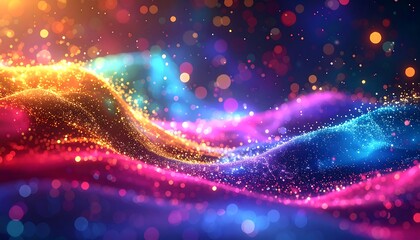 A vibrant, flowing abstract scene of colorful, sparkling light particles, forming undulating waves against a dark blue background