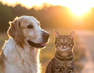 Dog and cat sit side by side in the sunlight with soft golden tones