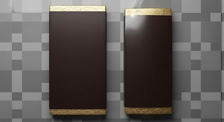 Two dark rectangular objects with textured gold ends on a checkered background