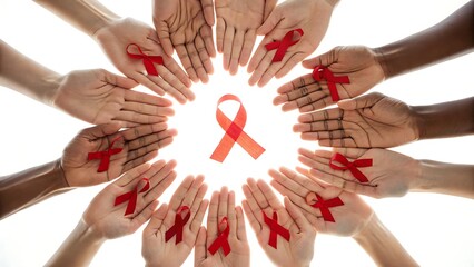 Diverse hands united in circle holding red ribbons for hivaids awareness, symbolizing solidarity and support for those affected by the global health issue