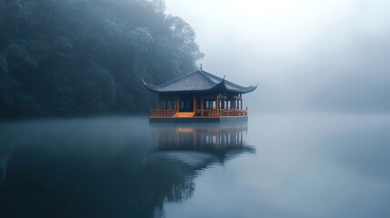 Mystical Lakeside Pavilion in Dense Fog - A Serene Escape.