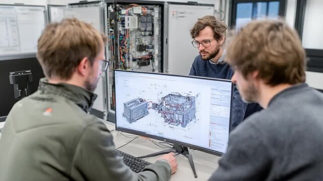 Teamwork in Engineering: A trio of engineers, engrossed in analyzing complex technical drawings on a large monitor, demonstrating collaboration and precision.